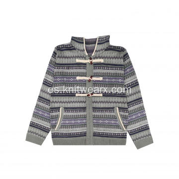 Sudadera con capucha y botones verde oliva con cremallera jacquard geométrica de punto para hombre